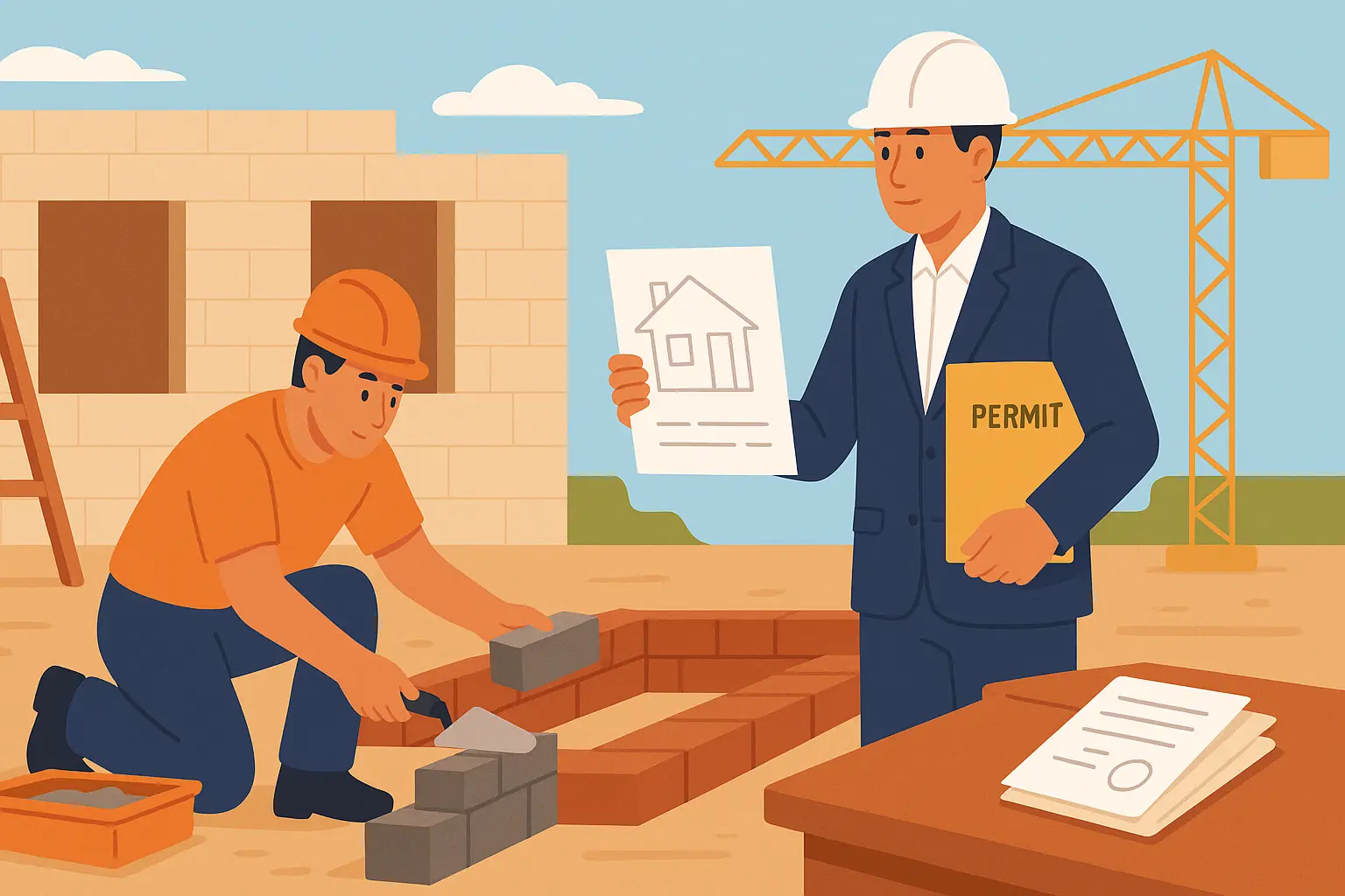 Minh họa illustration 2D phẳng, khung ngang 16:9, màu sắc tươi sáng, không chữ. Cảnh một phần ngôi nhà vừa xây xong đang bị tháo dỡ bởi máy xúc, bên cạnh có cán bộ xây dựng giám sát. Người dân xung quanh đứng quan sát. Không khí nhấn mạnh hậu quả pháp lý khi xây nhà không có giấy phép.